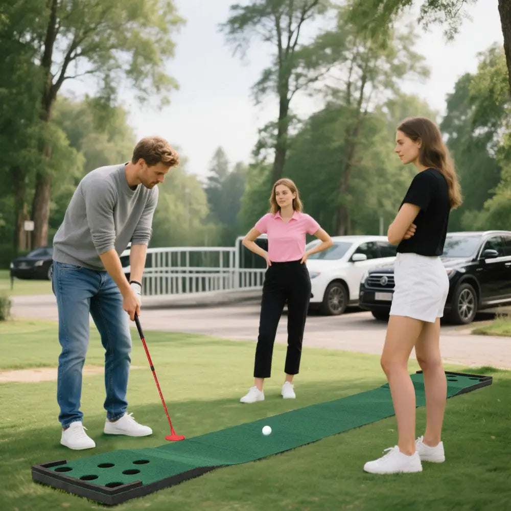 11 FT Indoor Outdoor Putting Green Mat with 2 Adjustable Putters and 6 Balls - Green - Golf