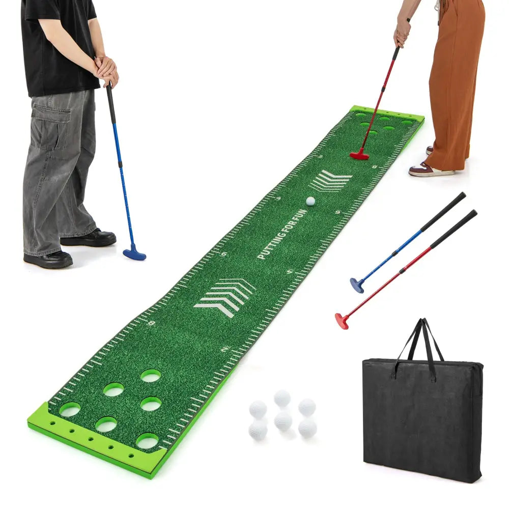 11 FT Putting Green Mat with 2 Adjustable Putters and 6 Balls - Green - Golf