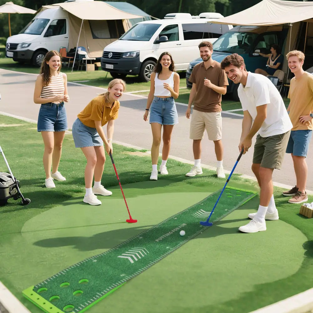 11 FT Putting Green Mat with 2 Adjustable Putters and 6 Balls - Green - Golf