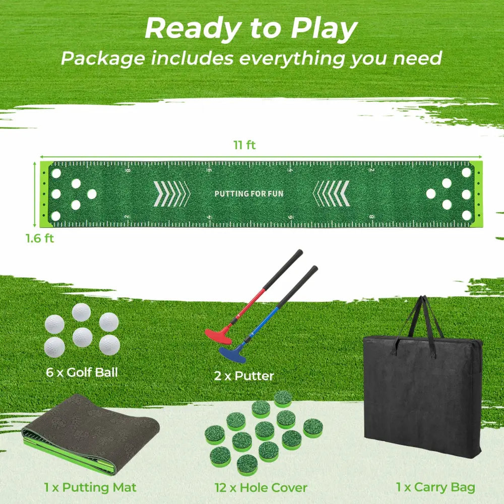 11 FT Putting Green Mat with 2 Adjustable Putters and 6 Balls - Green - Golf