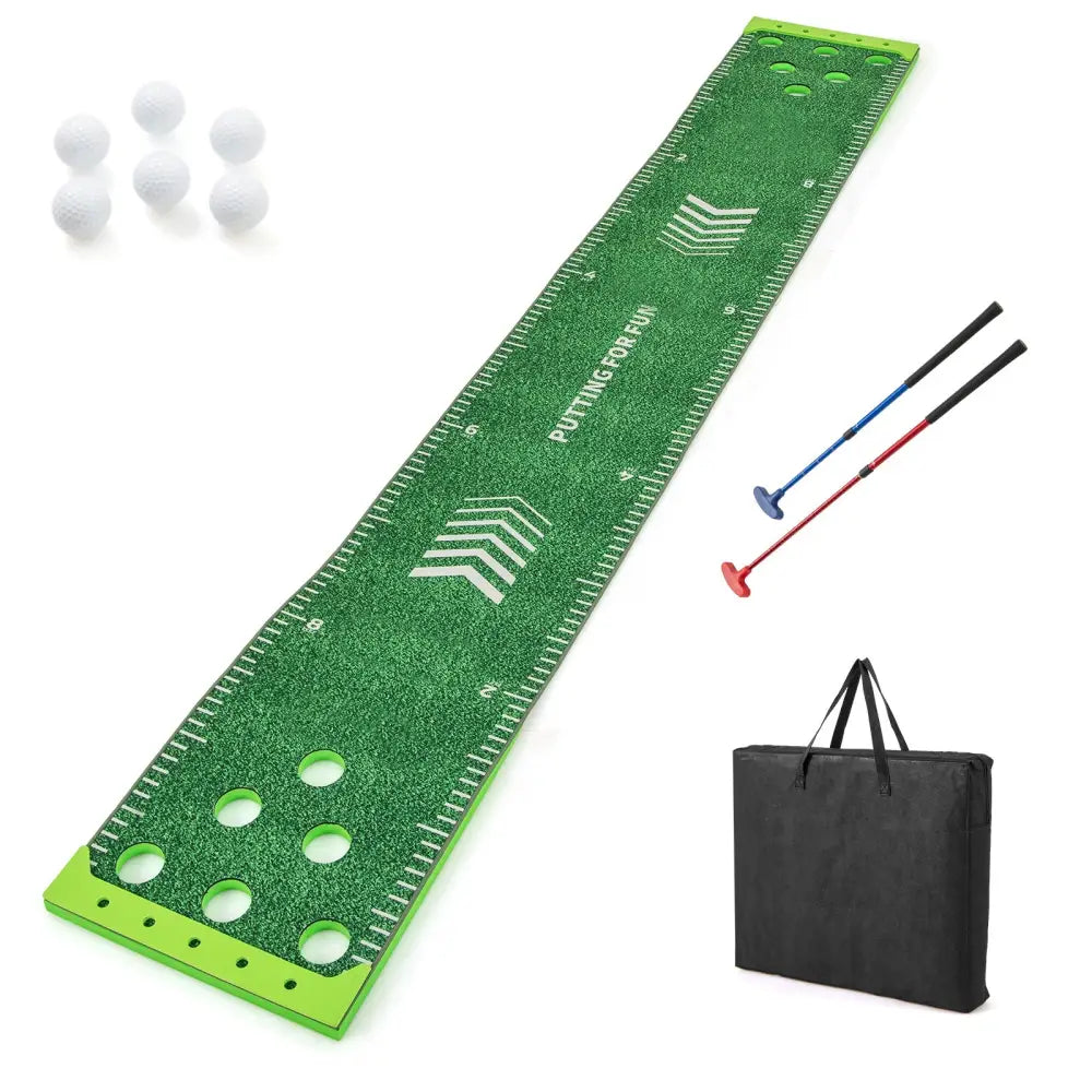 11 FT Putting Green Mat with 2 Adjustable Putters and 6 Balls - Green - Golf