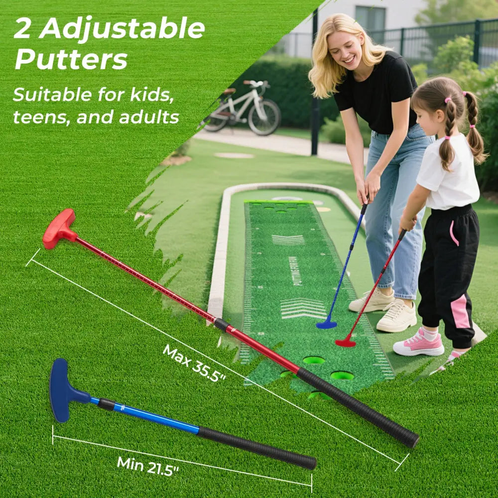 11 FT Putting Green Mat with 2 Adjustable Putters and 6 Balls - Green - Golf