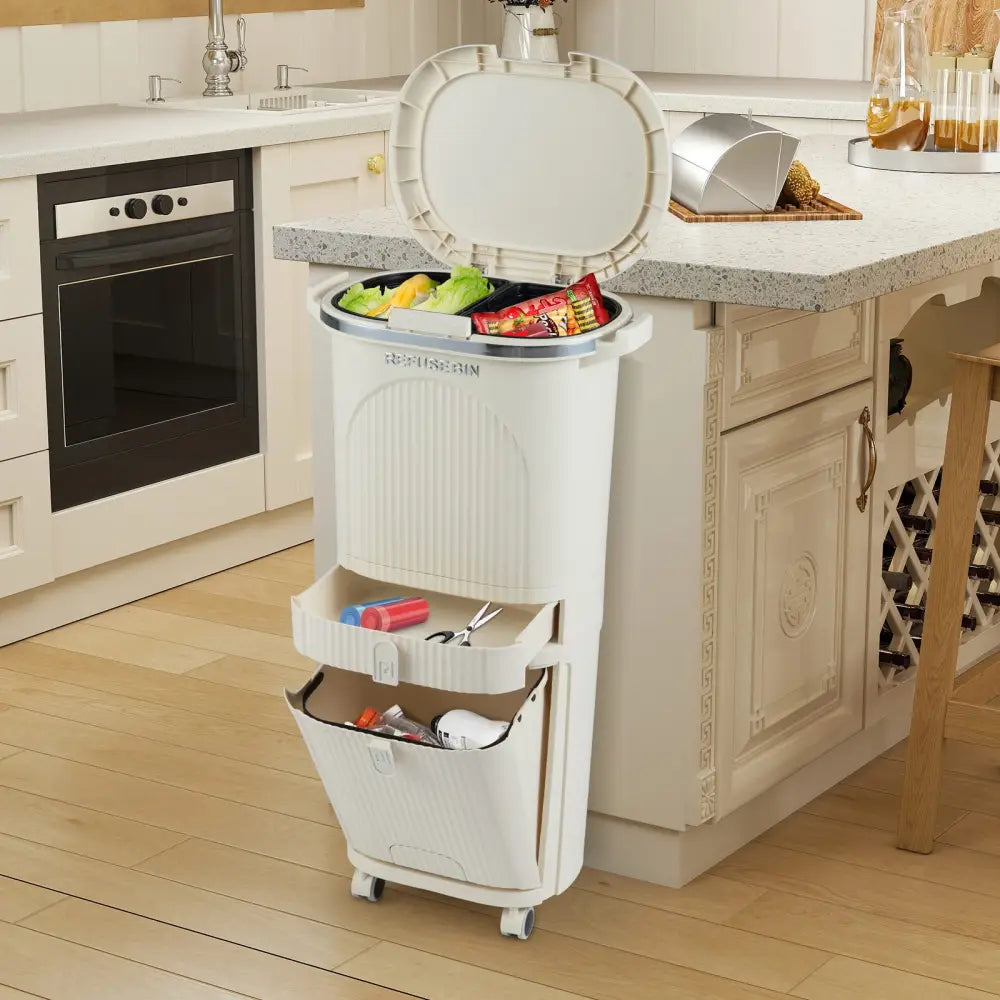 11 Gallon 3-Layer Kitchen Trash Can with Lid and 2 Removable Buckets-Beige - Beige - Kitchen Trash Cans