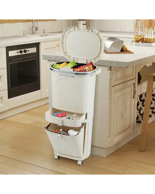 11 Gallon 3-Layer Kitchen Trash Can with Lid and 2 Removable Buckets-Beige - Beige - Kitchen Trash Cans