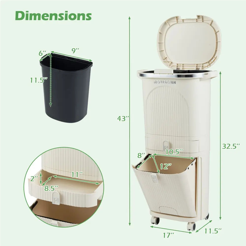 11 Gallon 3-Layer Kitchen Trash Can with Lid and 2 Removable Buckets-Beige - Beige - Kitchen Trash Cans