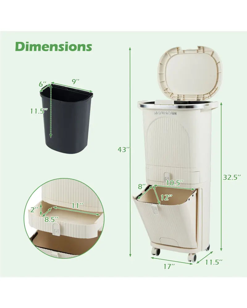 11 Gallon 3-Layer Kitchen Trash Can with Lid and 2 Removable Buckets-Beige - Beige - Kitchen Trash Cans