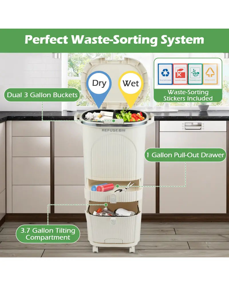 11 Gallon 3-Layer Kitchen Trash Can with Lid and 2 Removable Buckets-Beige - Beige - Kitchen Trash Cans