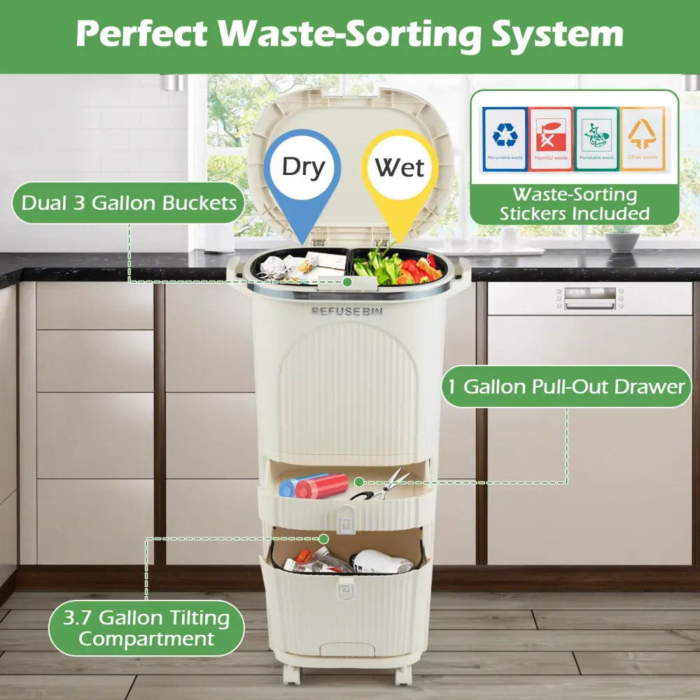 11 Gallon 3-Layer Kitchen Trash Can with Lid and 2 Removable Buckets-Beige - Beige - Kitchen Trash Cans