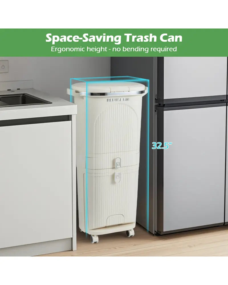 11 Gallon 3-Layer Kitchen Trash Can with Lid and 2 Removable Buckets-Beige - Beige - Kitchen Trash Cans