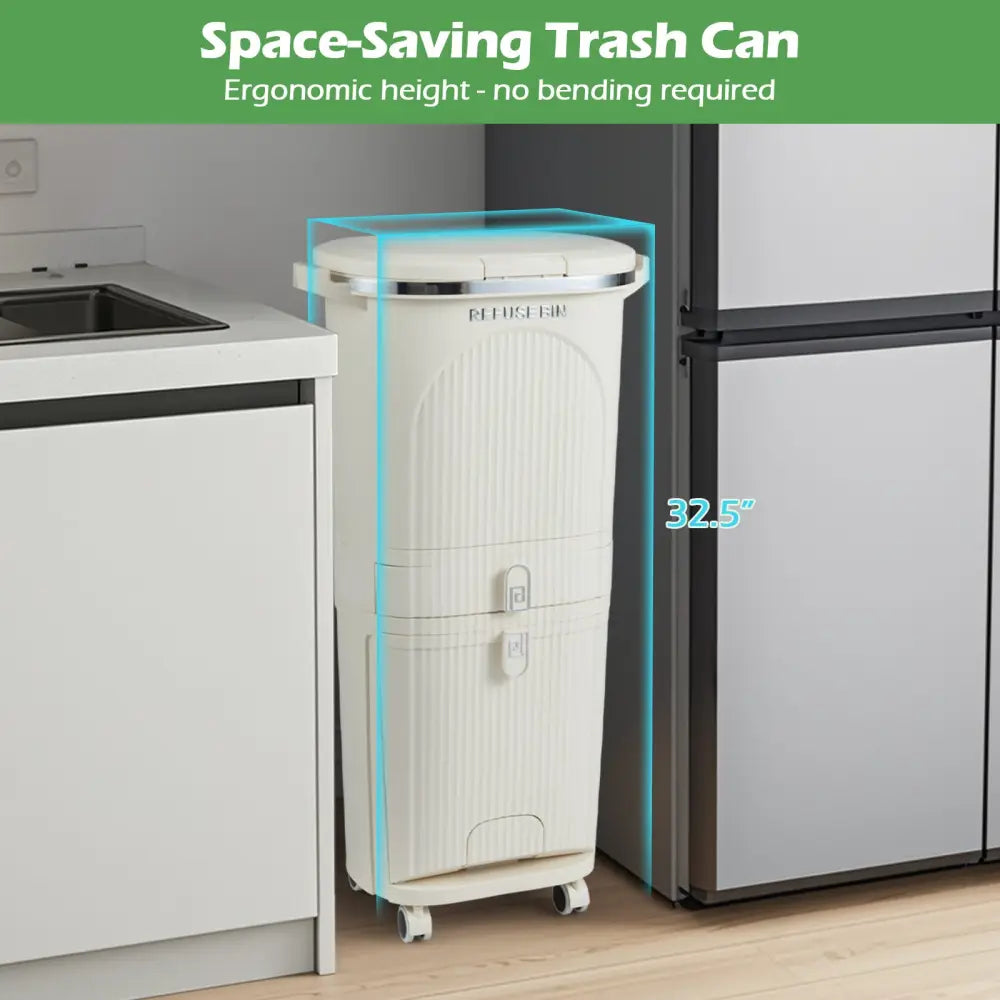 11 Gallon 3-Layer Kitchen Trash Can with Lid and 2 Removable Buckets-Beige - Beige - Kitchen Trash Cans