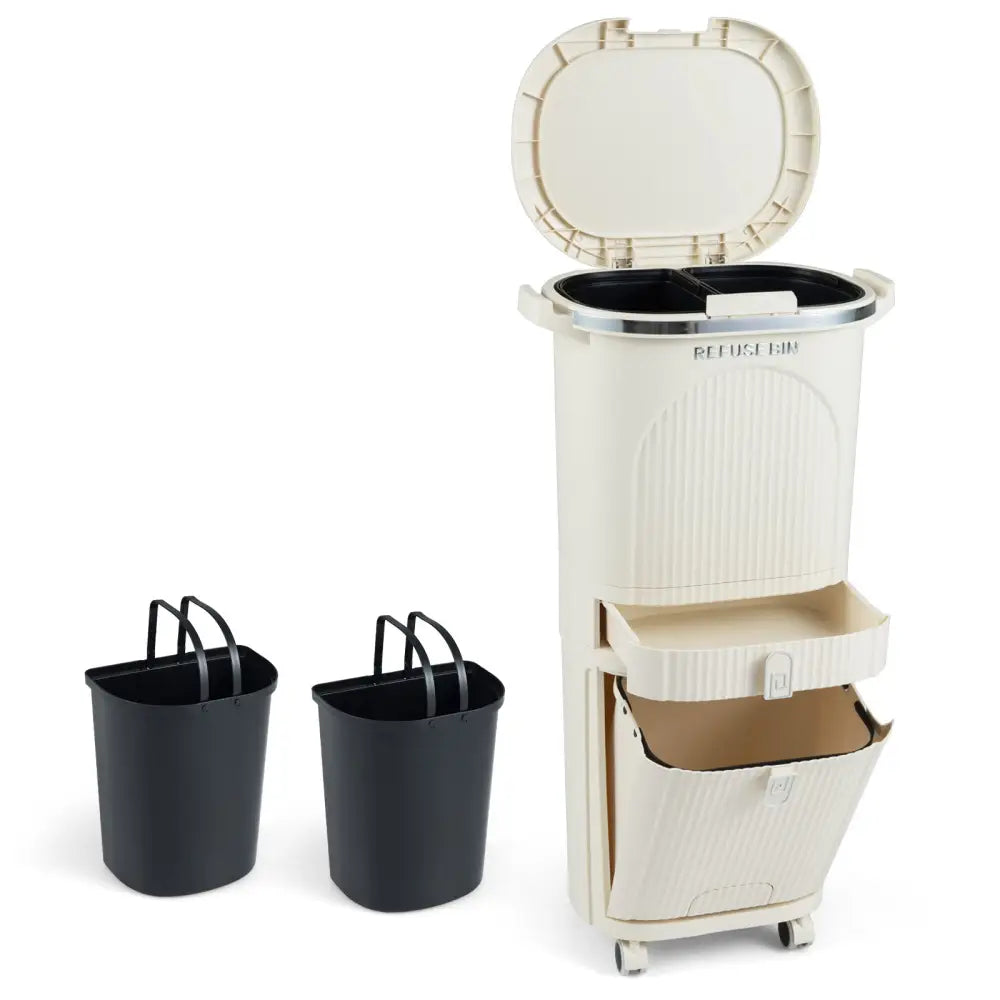 11 Gallon 3-Layer Kitchen Trash Can with Lid and 2 Removable Buckets-Beige - Beige - Kitchen Trash Cans