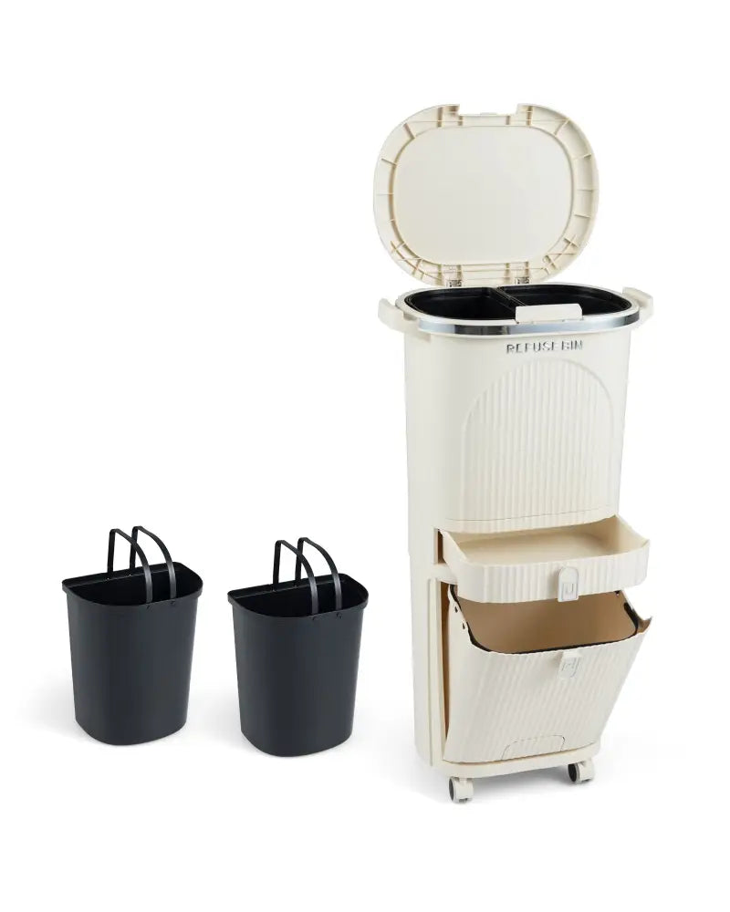 11 Gallon 3-Layer Kitchen Trash Can with Lid and 2 Removable Buckets-Beige - Beige - Kitchen Trash Cans