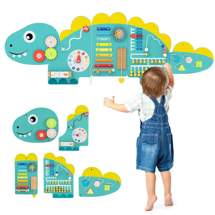11-in-1 Dinosaur Activity Wall Busy Board Panels for Toddlers Education and Early Development-Green - Green - Learning