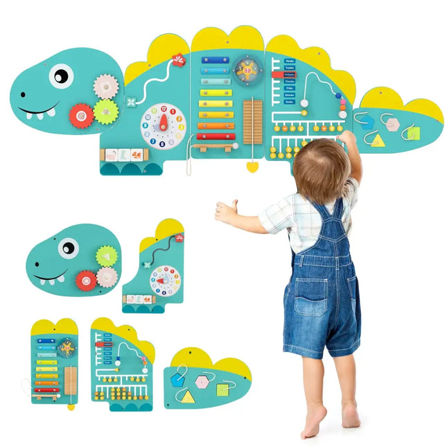11-in-1 Dinosaur Activity Wall Busy Board Panels for Toddlers Education and Early Development-Green - Green - Learning
