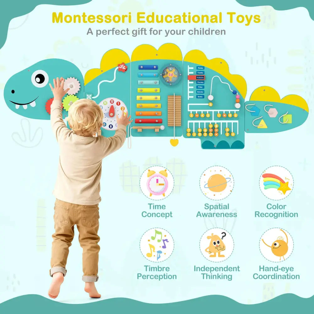 11-in-1 Dinosaur Activity Wall Busy Board Panels for Toddlers Education and Early Development-Green - Green - Learning