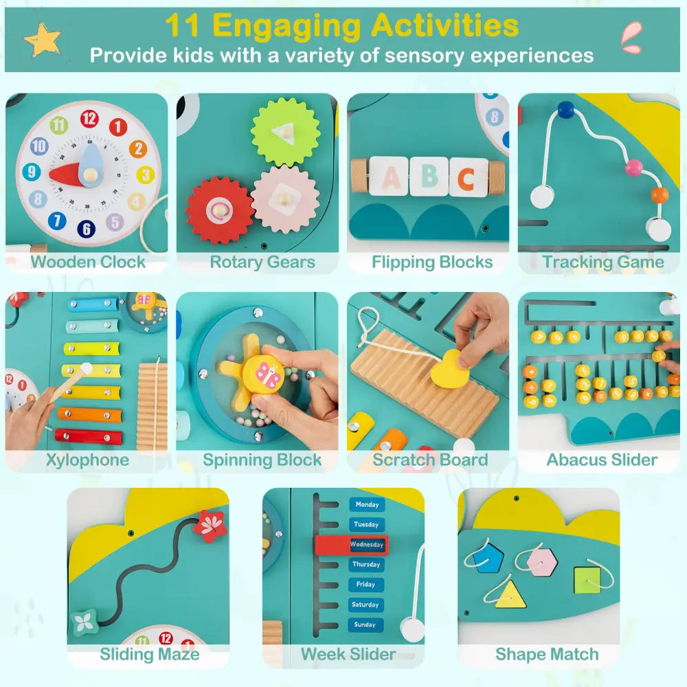 11-in-1 Dinosaur Activity Wall Busy Board Panels for Toddlers Education and Early Development-Green - Green - Learning