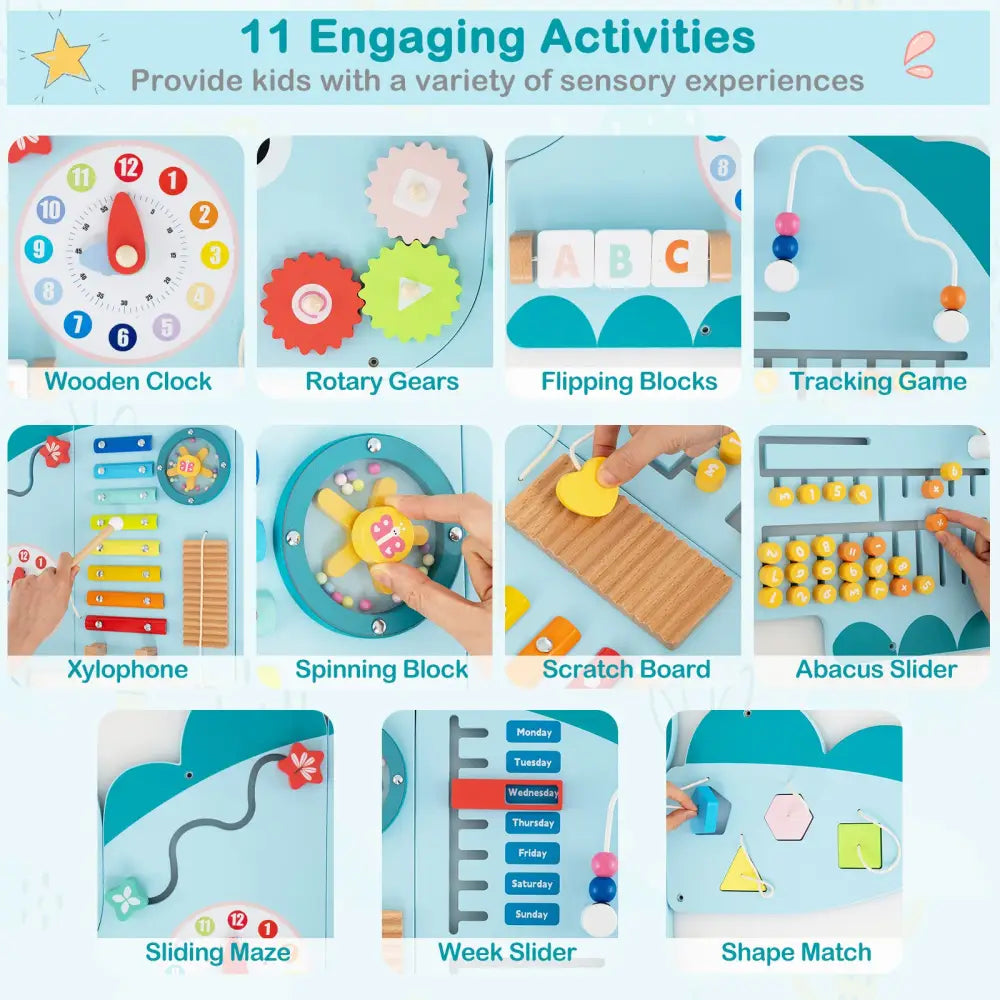 11-in-1 Dinosaur Activity Wall Busy Board Panels for Toddlers Education and Early Development-Blue - Blue - Learning