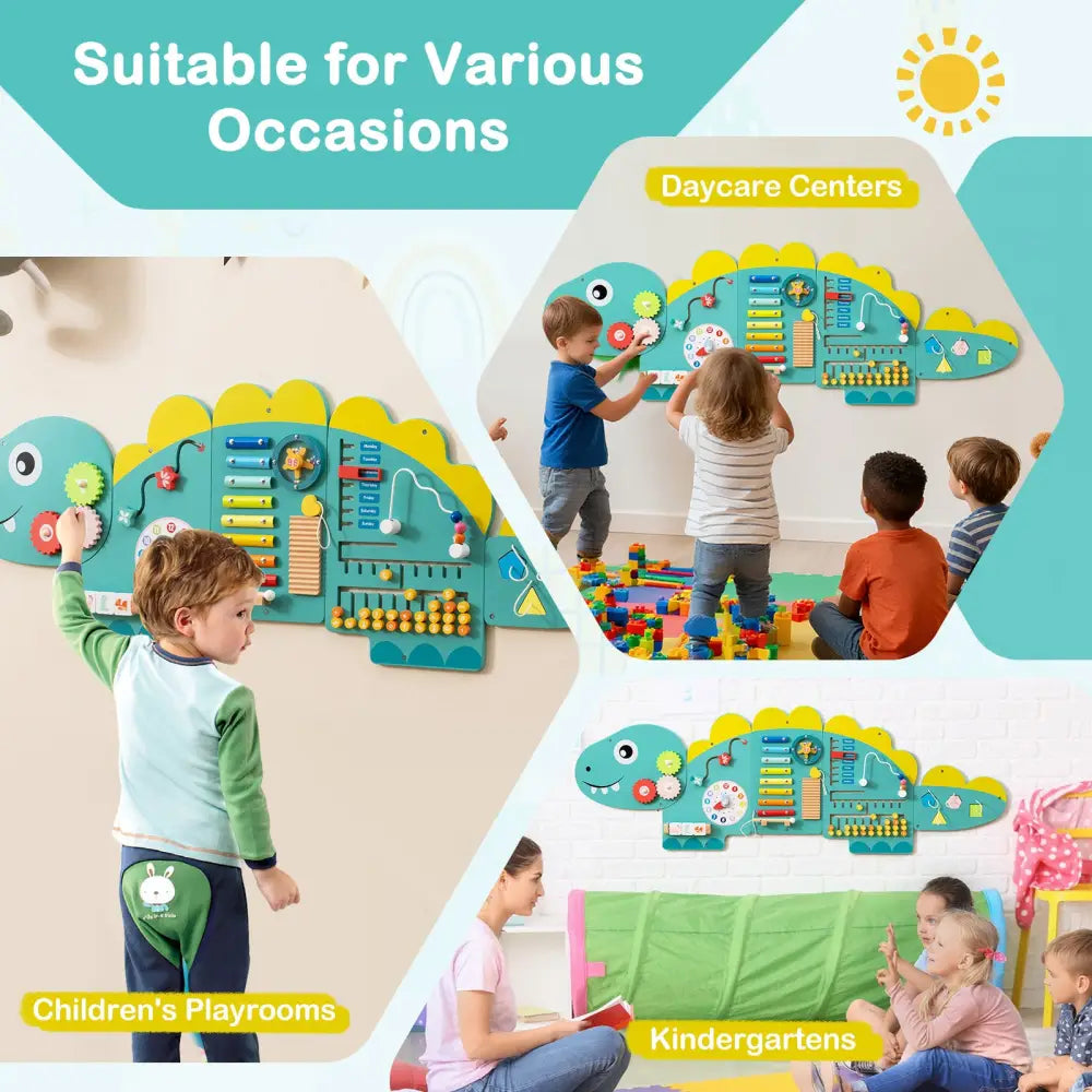 11-in-1 Dinosaur Activity Wall Busy Board Panels for Toddlers Education and Early Development-Green - Green - Learning