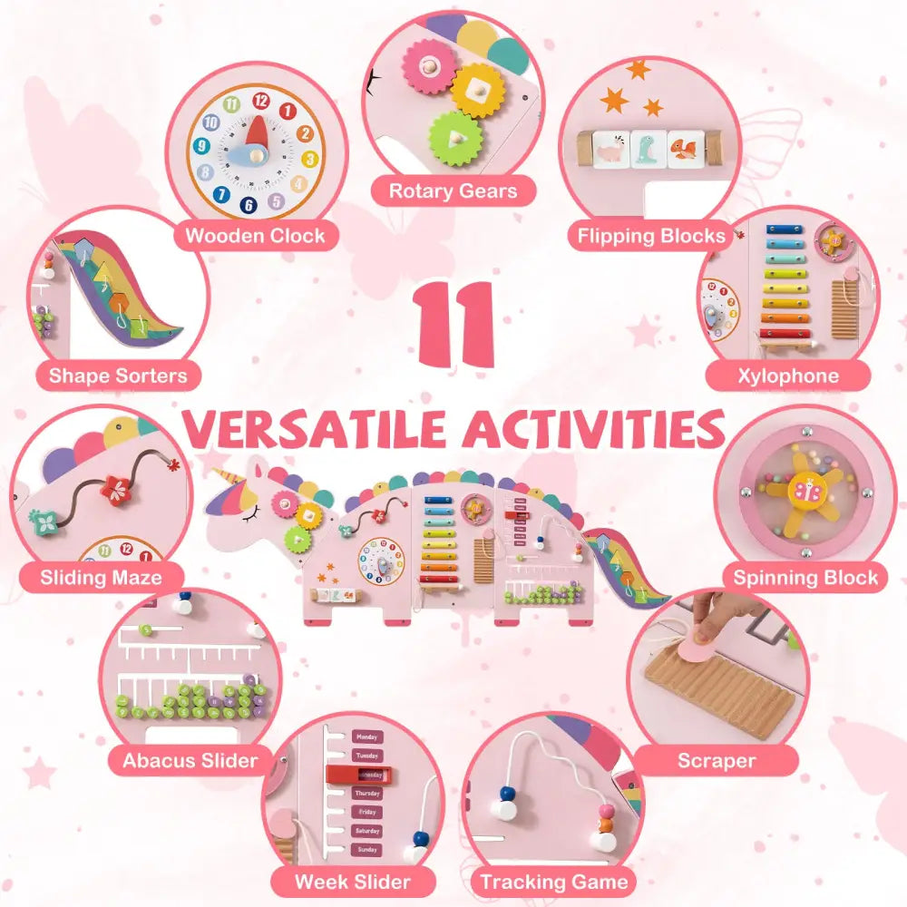 11-in-1 Dinosaur Activity Wall Busy Board Panels for Toddlers Education and Early Development-Pink - Pink - Learning