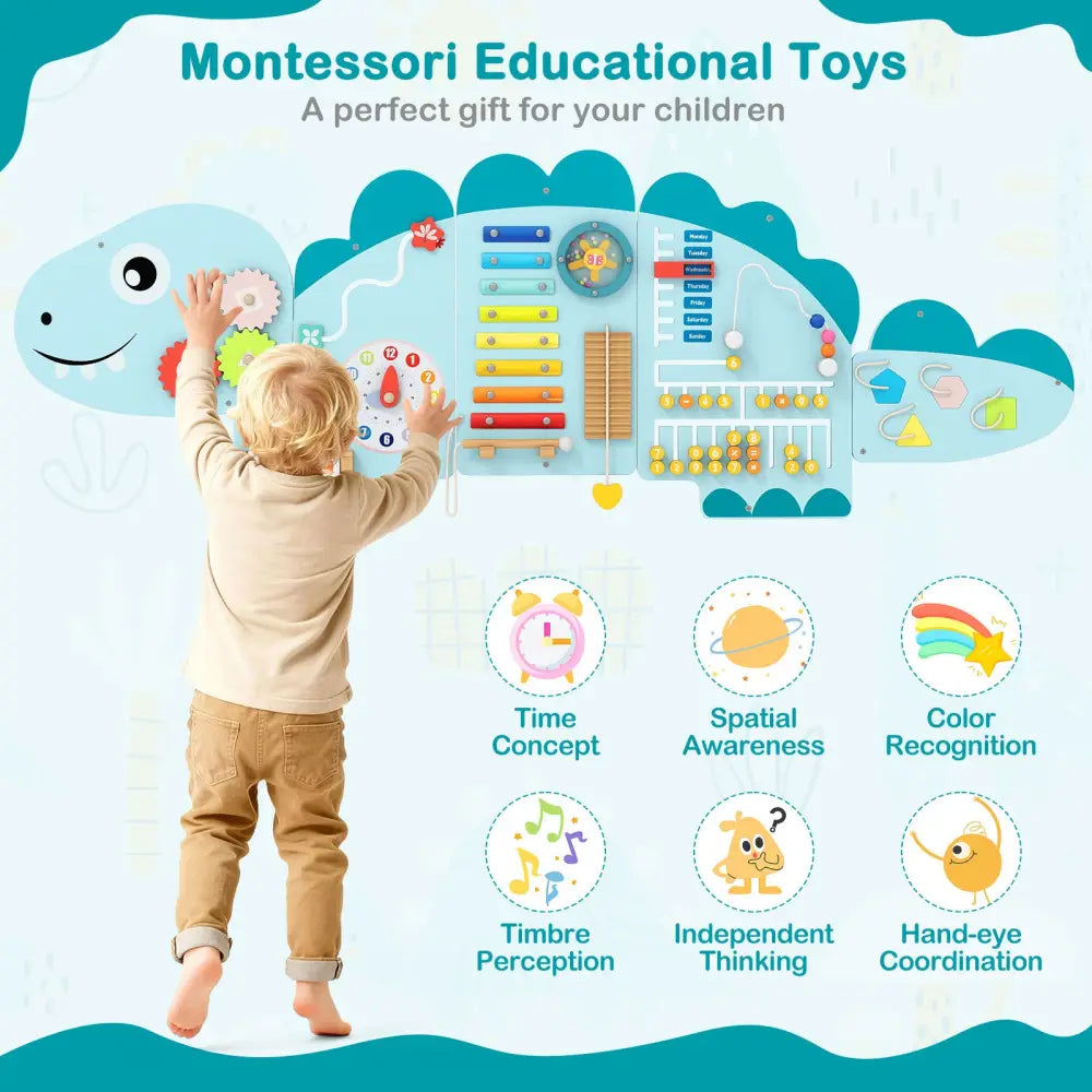 11-in-1 Dinosaur Activity Wall Busy Board Panels for Toddlers Education and Early Development-Blue - Blue - Learning