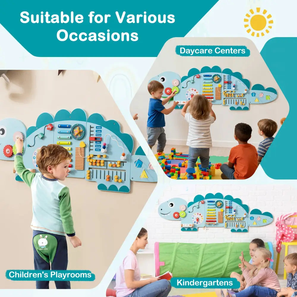 11-in-1 Dinosaur Activity Wall Busy Board Panels for Toddlers Education and Early Development-Blue - Blue - Learning