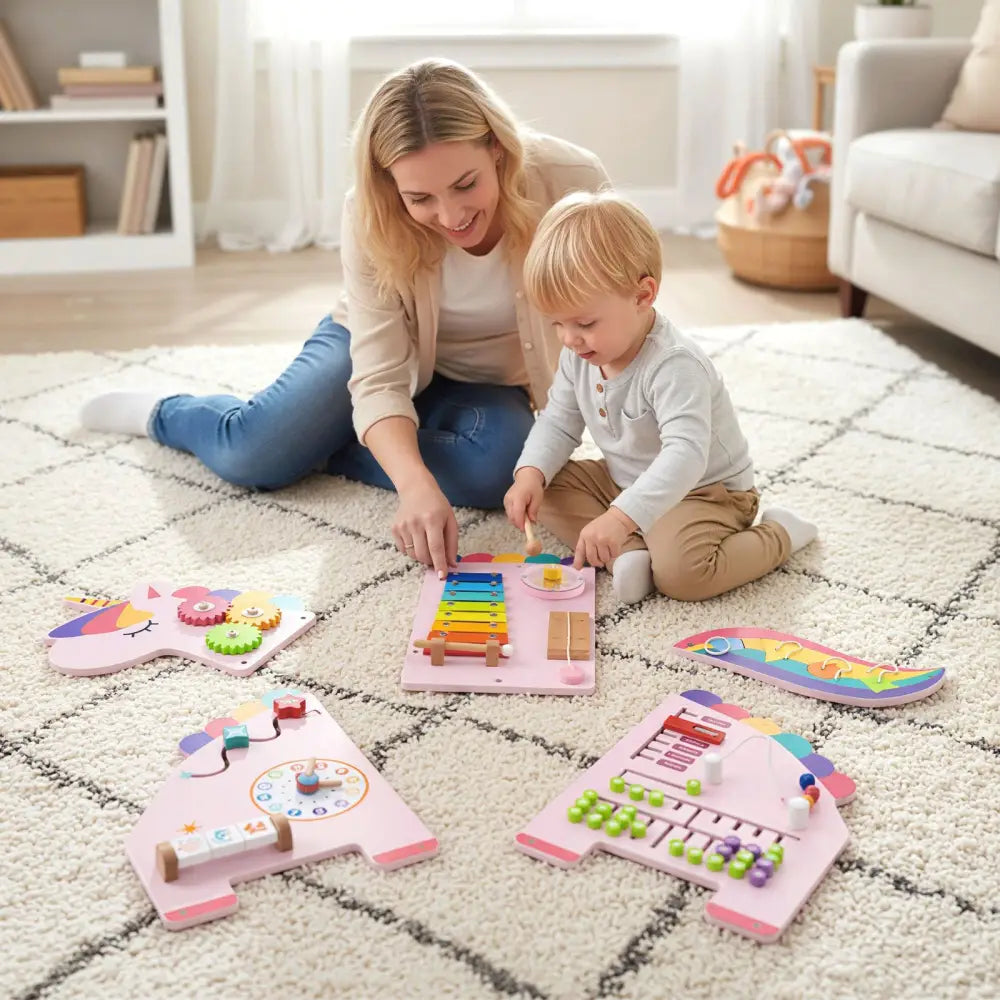 11-in-1 Dinosaur Activity Wall Busy Board Panels for Toddlers Education and Early Development-Pink - Pink - Learning