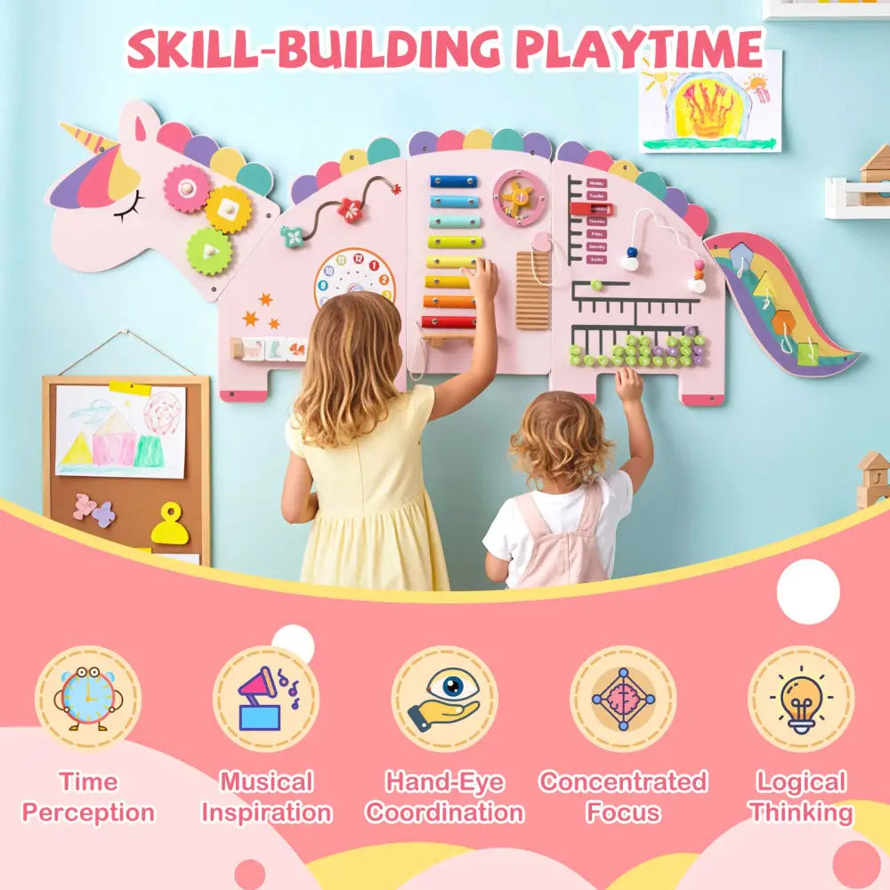 11-in-1 Dinosaur Activity Wall Busy Board Panels for Toddlers Education and Early Development-Pink - Pink - Learning