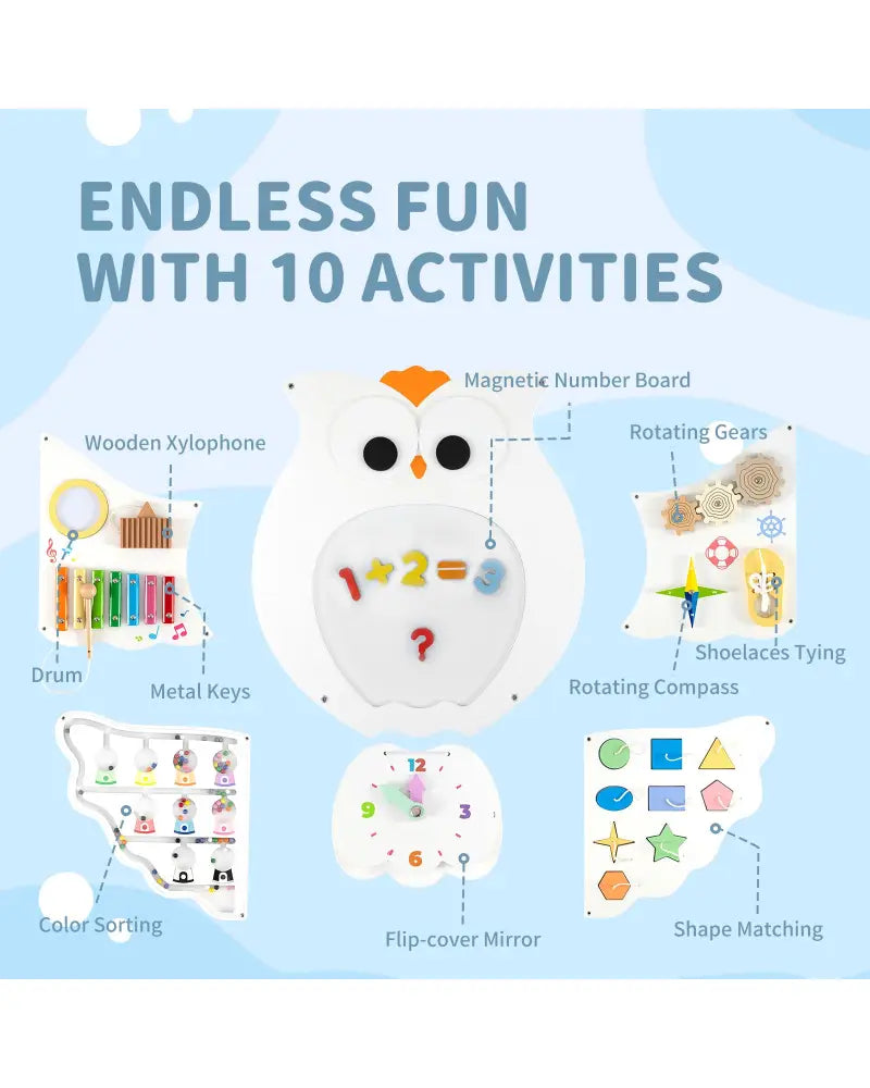 11-in-1 Toddler Learning Activity Center Owl Activity Wall Busy Board Panels for 3+ Years Old - Learning Toys