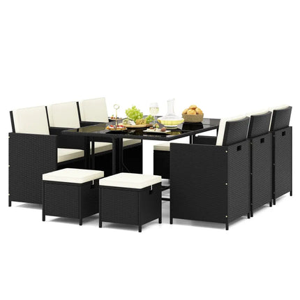 11 Piece Patio Dining Set Wicker Chairs and Tempered Glass Table with Waterproof Cushions-Black & White - Black & White