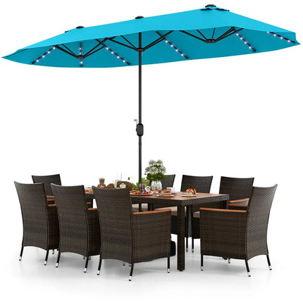 11 Pieces Patio Dining Set 15ft Double-Sided Patio Umbrella (Base Included) and Outdoor Rattan Furniture Set with 8
