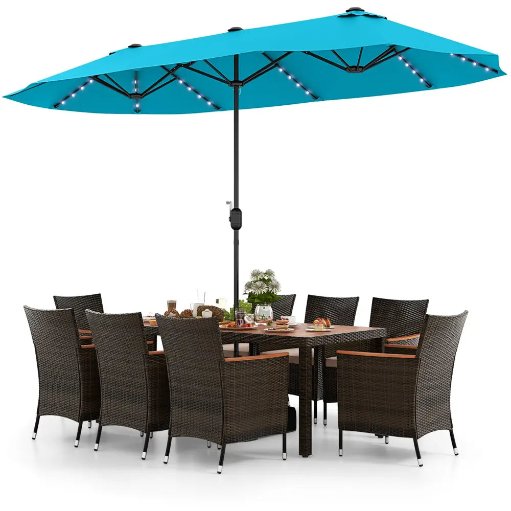 11 Pieces Patio Dining Set 15ft Double-Sided Patio Umbrella (Base Included) and Outdoor Rattan Furniture Set with 8