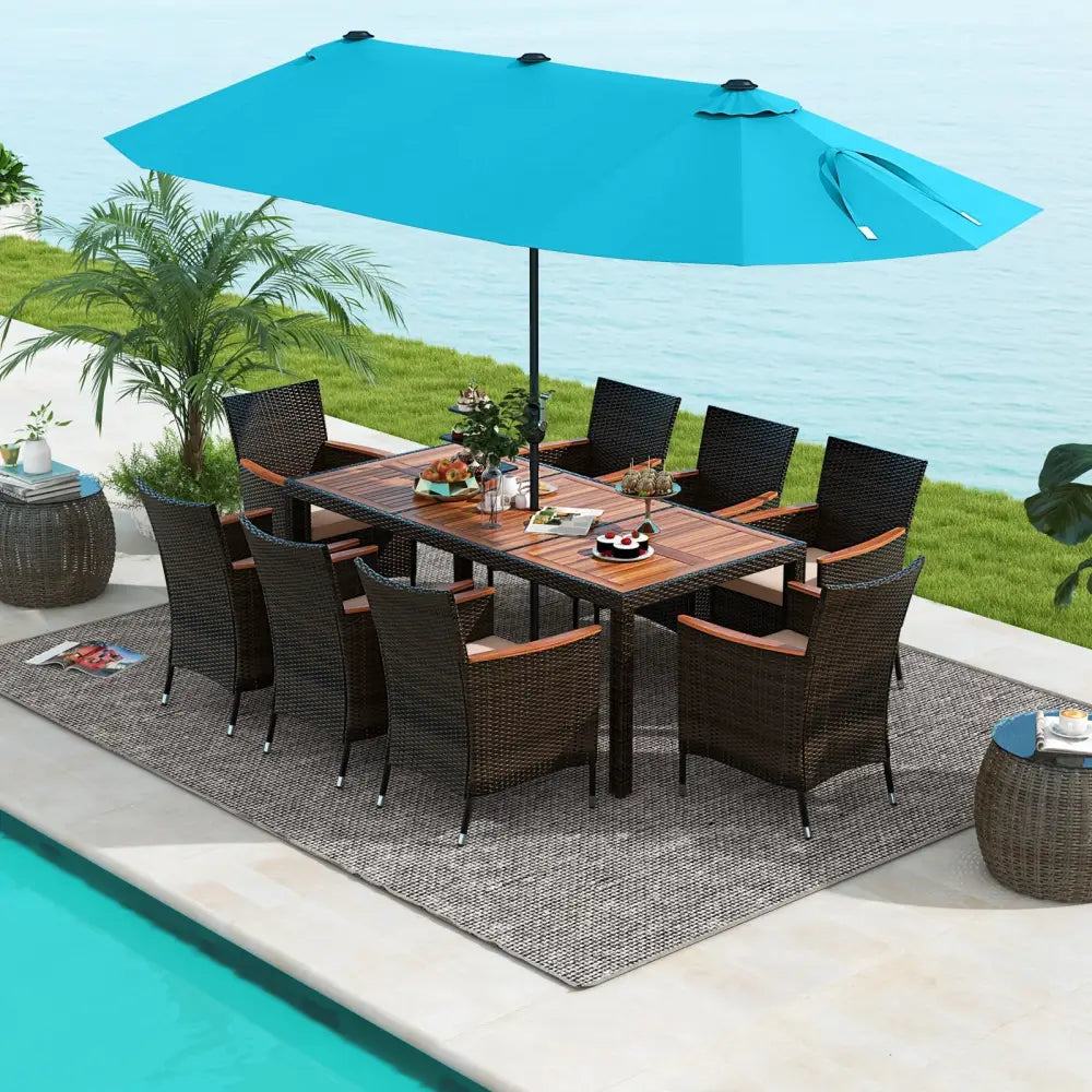 11 Pieces Patio Dining Set 15ft Double-Sided Patio Umbrella (Base Included) and Outdoor Rattan Furniture Set with 8