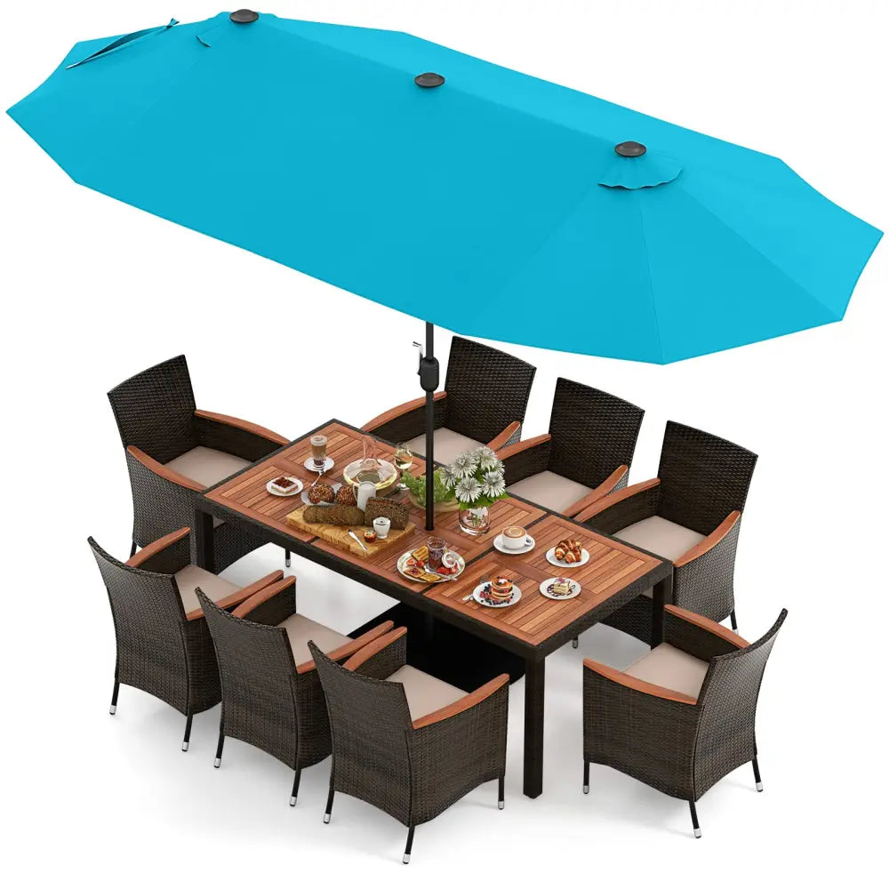 11 Pieces Patio Dining Set 15ft Double-Sided Patio Umbrella (Base Included) and Outdoor Rattan Furniture Set with 8