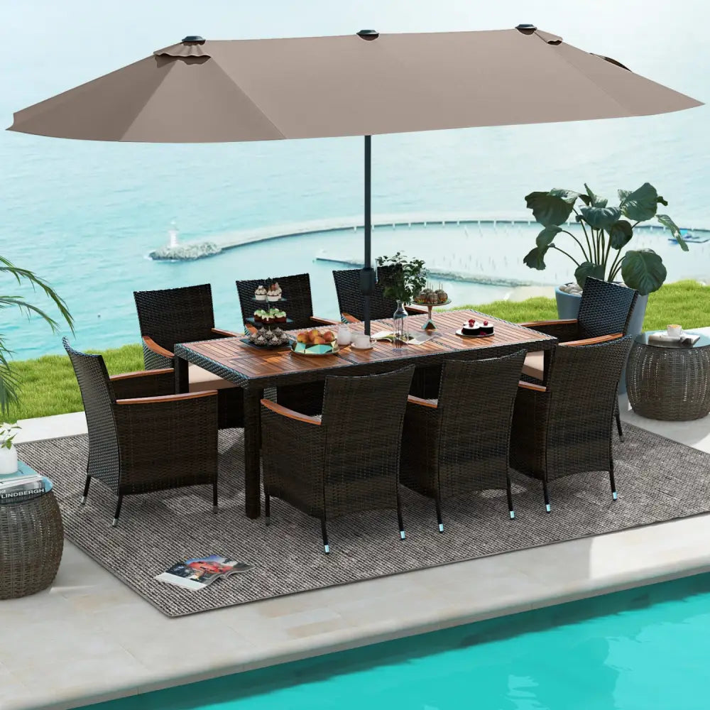 11 Pieces Patio Dining Set with 15 Feet Double-Sided Patio Umbrella and Base-Coffee - Coffee - Patio Dining Sets