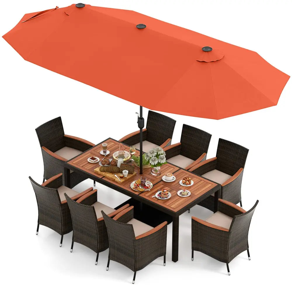 11 Pieces Patio Dining Set with 15 Feet Double-Sided Patio Umbrella and Base-Orange - Orange - Patio Dining Sets