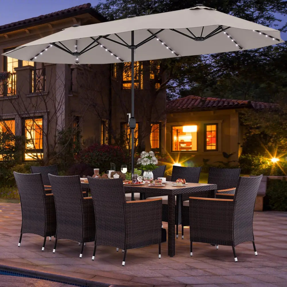11 Pieces Patio Dining Set with 15 Feet Double-Sided Patio Umbrella and Base-Beige - Beige - Patio Dining Sets