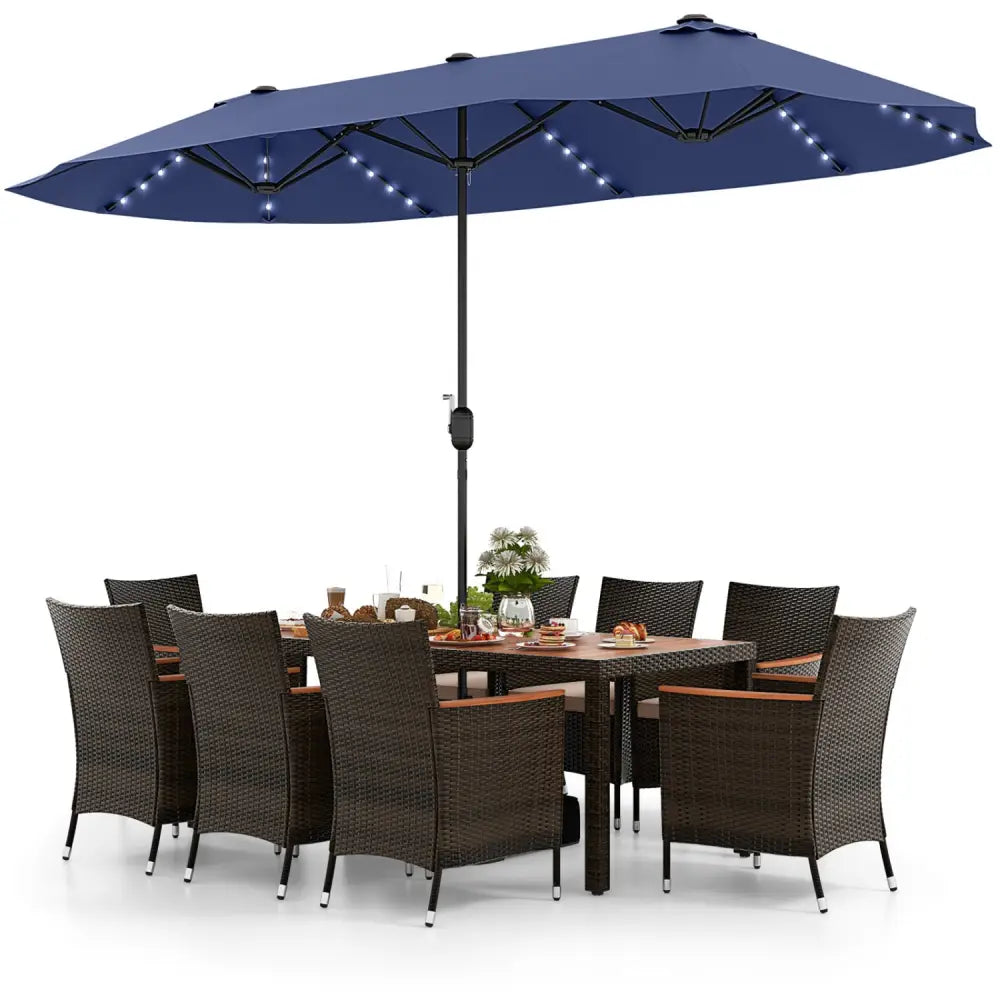 11 Pieces Patio Dining Set with 15 Feet Double-Sided Patio Umbrella and Base-Navy - Navy - Patio Dining Sets