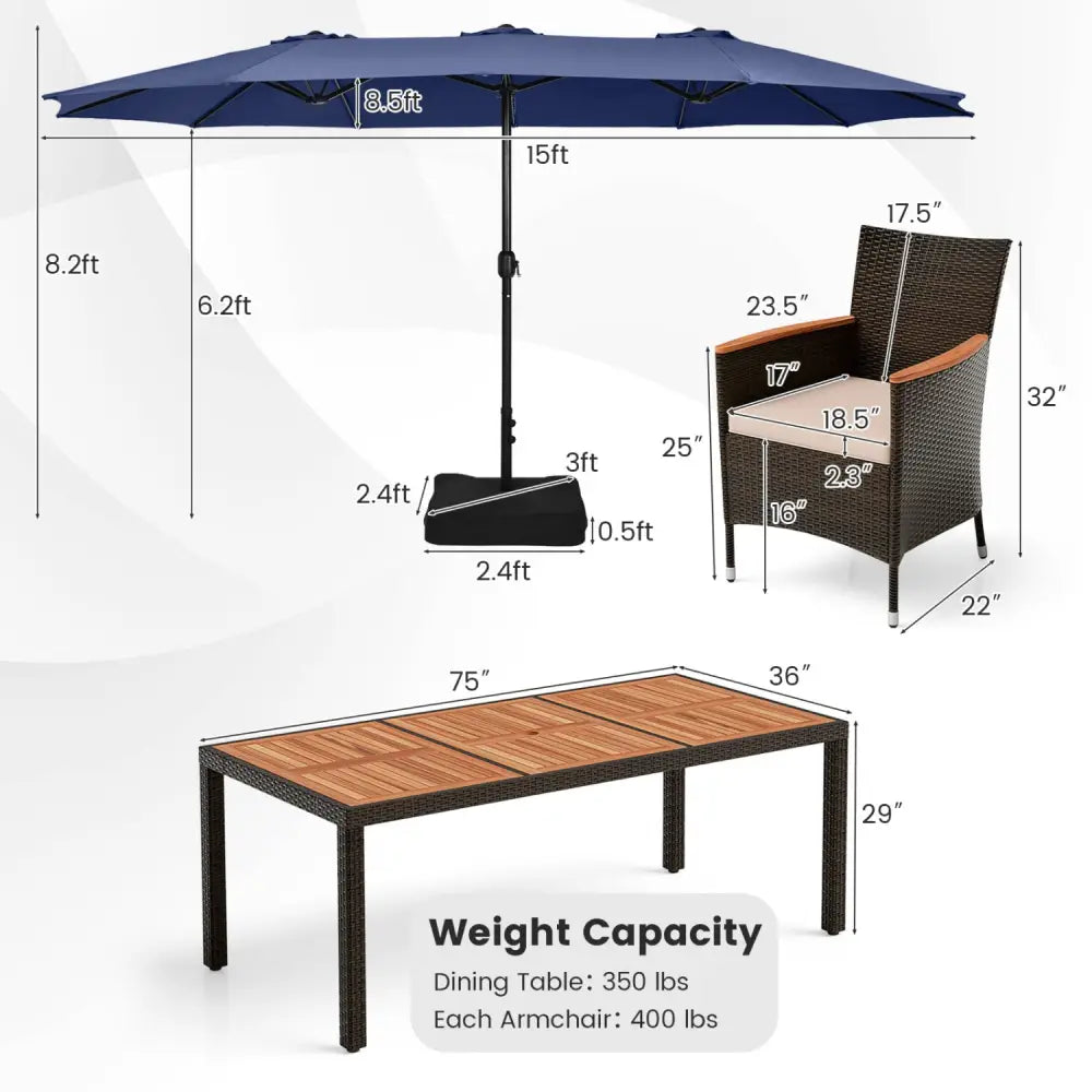 11 Pieces Patio Dining Set with 15 Feet Double-Sided Patio Umbrella and Base-Navy - Navy - Patio Dining Sets
