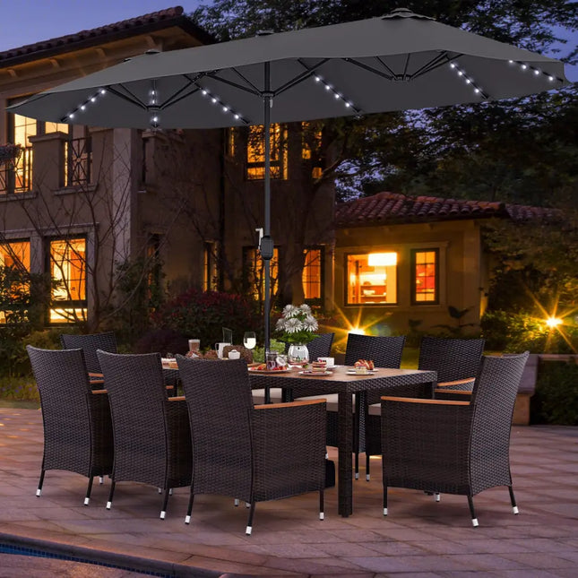 11 Pieces Patio Dining Set with 15 Feet Double-Sided Patio Umbrella and Base-Gray - Gray - Patio Dining Sets