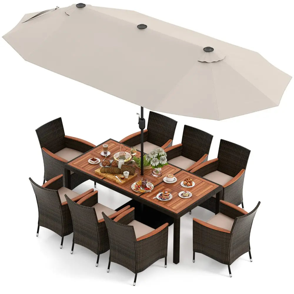 11 Pieces Patio Dining Set with 15 Feet Double-Sided Patio Umbrella and Base-Beige - Beige - Patio Dining Sets