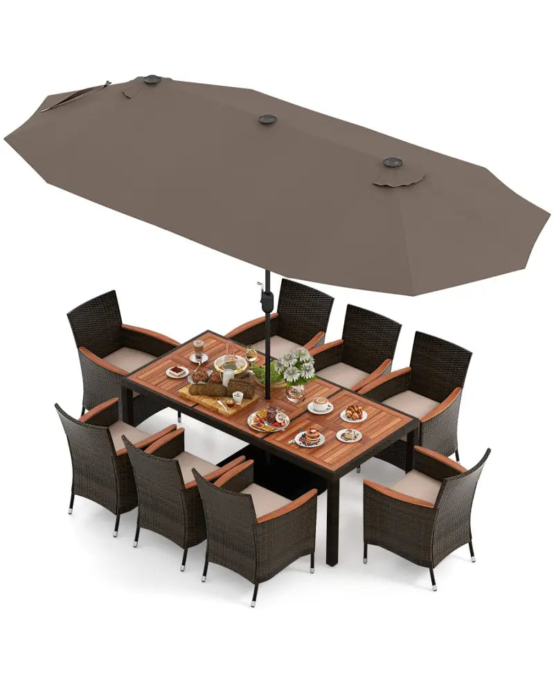 11 Pieces Patio Dining Set with 15 Feet Double-Sided Patio Umbrella and Base-Coffee - Coffee - Patio Dining Sets