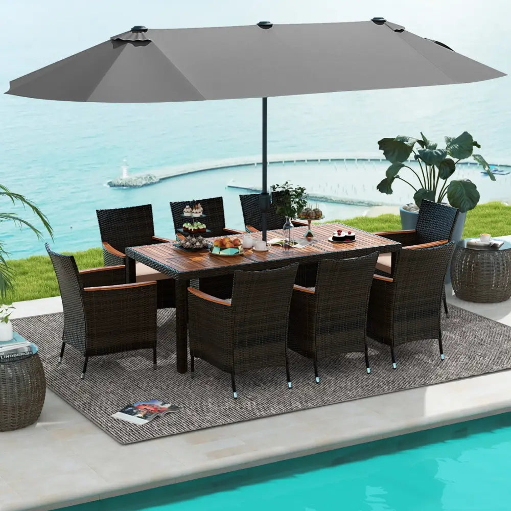 11 Pieces Patio Dining Set with 15 Feet Double-Sided Patio Umbrella and Base-Gray - Gray - Patio Dining Sets
