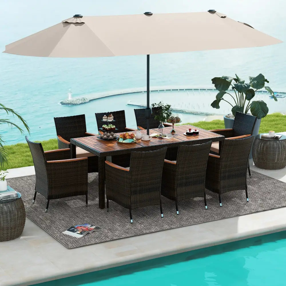 11 Pieces Patio Dining Set with 15 Feet Double-Sided Patio Umbrella and Base-Beige - Beige - Patio Dining Sets