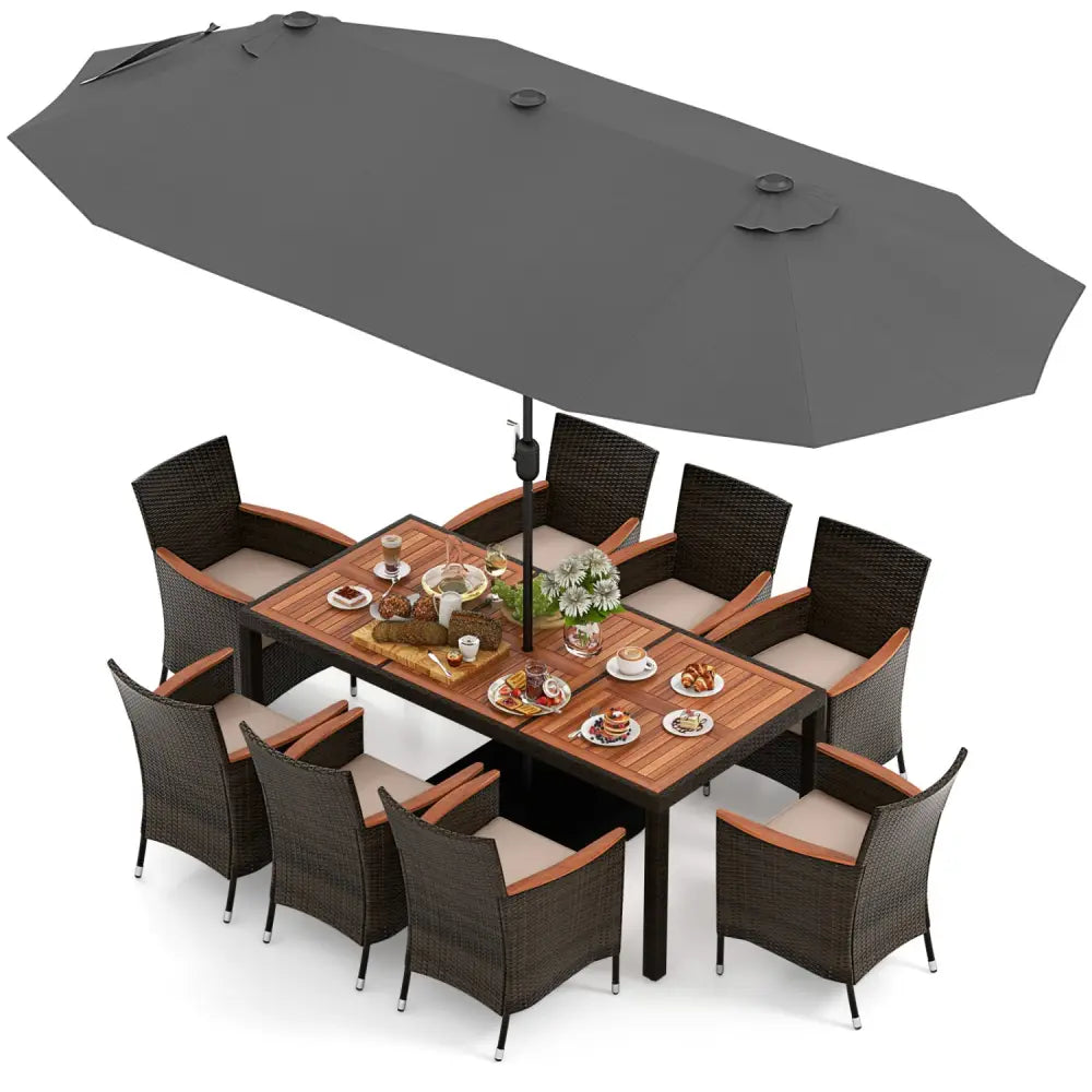 11 Pieces Patio Dining Set with 15 Feet Double-Sided Patio Umbrella and Base-Gray - Gray - Patio Dining Sets