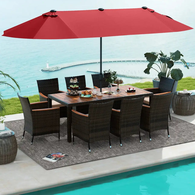 11 Pieces Patio Dining Set with 15 Feet Double-Sided Patio Umbrella and Base-Wine - Wine - Patio Dining Sets