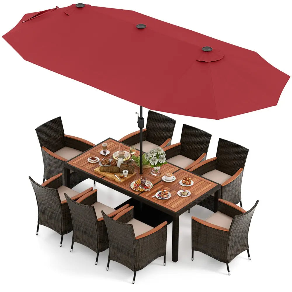 11 Pieces Patio Dining Set with 15 Feet Double-Sided Patio Umbrella and Base-Wine - Wine - Patio Dining Sets