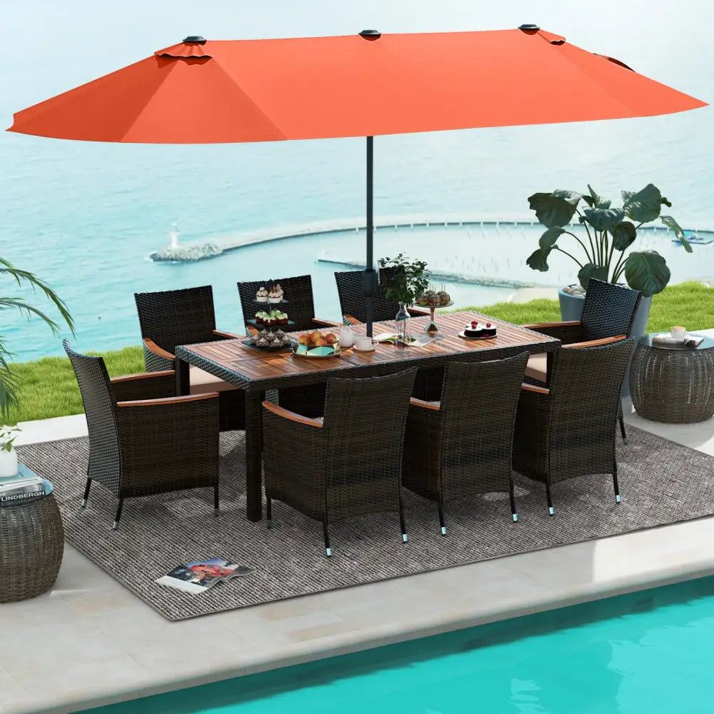 11 Pieces Patio Dining Set with 15 Feet Double-Sided Patio Umbrella and Base-Orange - Orange - Patio Dining Sets