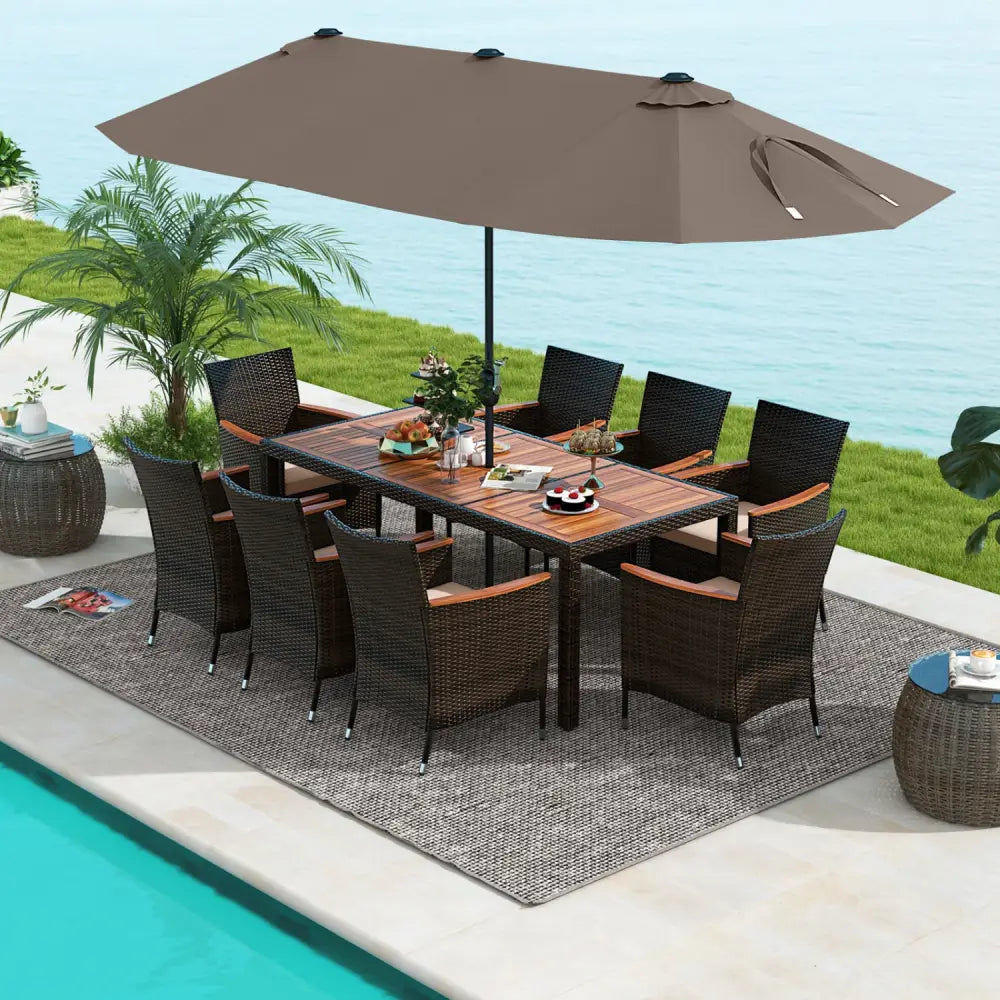 11 Pieces Patio Dining Set with 15 Feet Double-Sided Patio Umbrella and Base-Coffee - Coffee - Patio Dining Sets