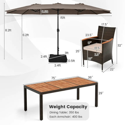 11 Pieces Patio Dining Set with 15 Feet Double-Sided Patio Umbrella and Base-Coffee - Coffee - Patio Dining Sets
