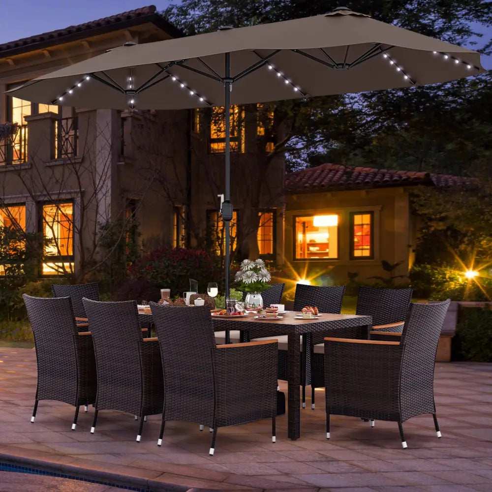 11 Pieces Patio Dining Set with 15 Feet Double-Sided Patio Umbrella and Base-Coffee - Coffee - Patio Dining Sets